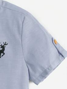 SHEIN Leap Crew Young Boy Deer Print Roll Tab Sleeve Shirt & Shorts - Multicolor - View 4