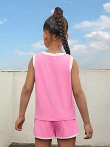 SHEIN Toddler Girls Letter Graphic Contrast Binding Tank Top & Shorts - Pink - View 2