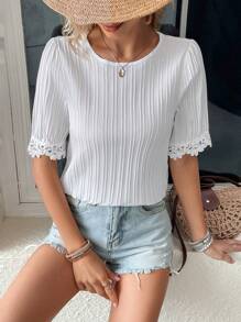 SHEIN LUNE Guipure Lace Trim Puff Sleeve Blouse - White - View 3