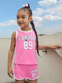 SHEIN Toddler Girls Letter Graphic Contrast Binding Tank Top & Shorts - Pink - View 3