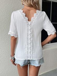 SHEIN LUNE Guipure Lace Trim Puff Sleeve Blouse - White - View 1