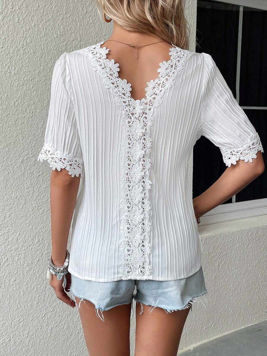 SHEIN LUNE Guipure Lace Trim Puff Sleeve Blouse - White - View 1