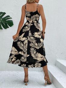 SHEIN Holidaya Tropical Print Belted Cami Dress - Black - View 2