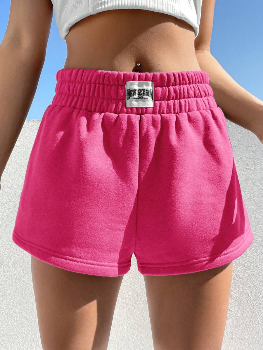 SHEIN EZwear Quần đùi nữ Đắp vá Lá thư Giải trí - Màu Hồng Tươi - Xem 1