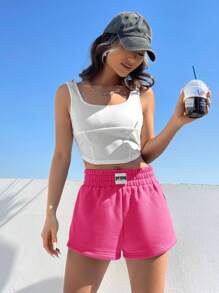 SHEIN EZwear Quần đùi nữ Đắp vá Lá thư Giải trí - Màu Hồng Tươi - Xem 2