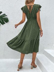 SHEIN LUNE 圓點印花蝴蝶袖荷葉邊連衣裙 - 綠色 - 查看 2