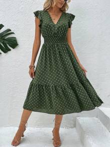 SHEIN LUNE 圓點印花蝴蝶袖荷葉邊連衣裙 - 綠色 - 查看 4