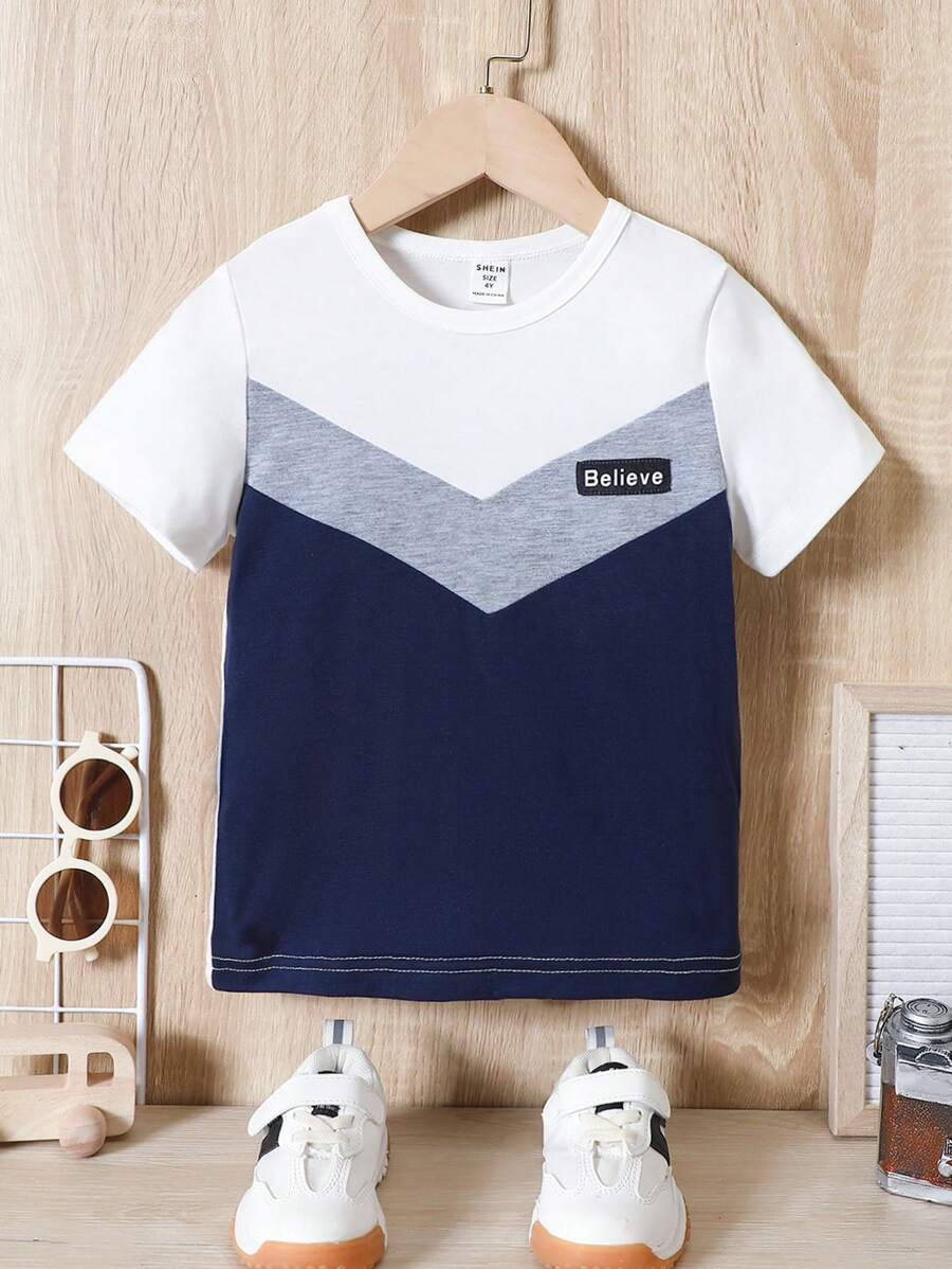 SHEIN 幼兒男童日常穿著彩色拼接短袖T恤，適用於夏季 - 彩色 - 查看 1