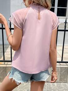 SHEIN Privé 網紗拼接肩部褶邊領襯衫 - 淺粉色 - 查看 3