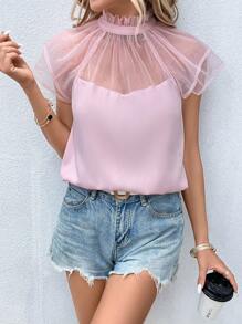 SHEIN Privé 網紗拼接肩部褶邊領襯衫 - 淺粉色 - 查看 4