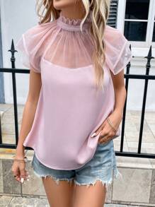 SHEIN Privé 網紗拼接肩部褶邊領襯衫 - 淺粉色 - 查看 1