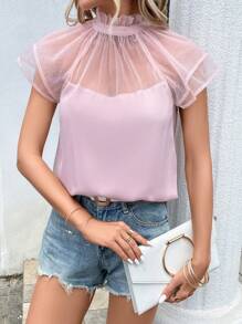 SHEIN Privé 網紗拼接肩部褶邊領襯衫 - 淺粉色 - 查看 5