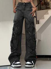 Quần Jeans ống rộng rách rách thường ngày cho nữ - màu đen - Xem 1