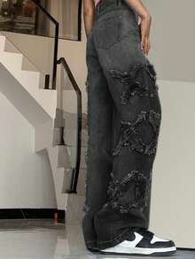 Quần Jeans ống rộng rách rách thường ngày cho nữ - màu đen - Xem 2