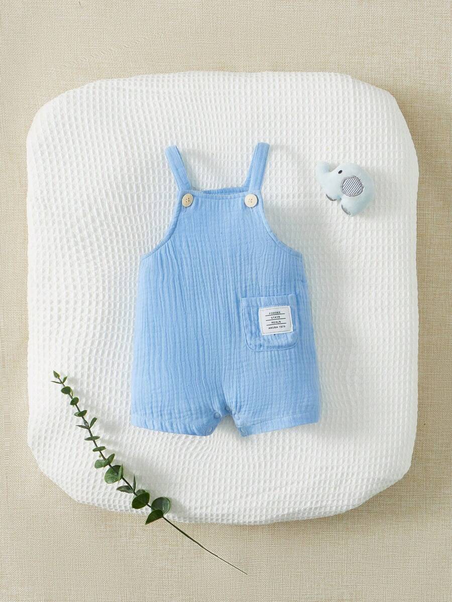 SHEIN Newborn Baby Letter Patched Detail Pocket Front Overall Romper