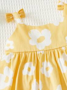 SHEIN 嬰兒嬰兒印花肩部蝴蝶結吊帶連衣裙附帽子 - 黃色 - 查看 4