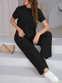 SHEIN LUNE Bộ đồ hai mảnh nữ Túi Gân đan màu trơn Giải trí - màu đen - Xem 6