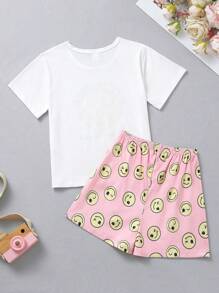 Tween Girls Cartoon Face Printed Short Sleeve T-Shirt And Shorts Pajama Set - White - View 2