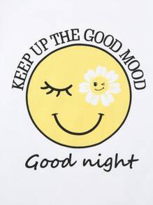 Tween Girls Cartoon Face Printed Short Sleeve T-Shirt And Shorts Pajama Set - White - View 4