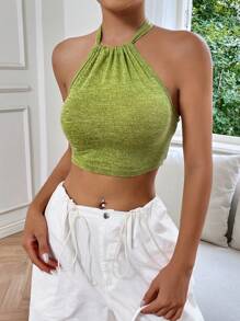 SHEIN EZwear Solid Crop Halter Top - Green - View 5