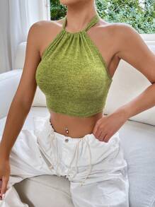 SHEIN EZwear Solid Crop Halter Top - Green - View 7