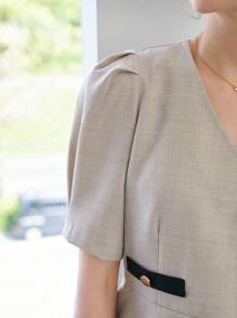 DAZY Contrast Binding Puff Sleeve Peplum Top & Skirt - Apricot - View 3