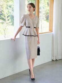 DAZY Contrast Binding Puff Sleeve Peplum Top & Skirt - Apricot - View 5
