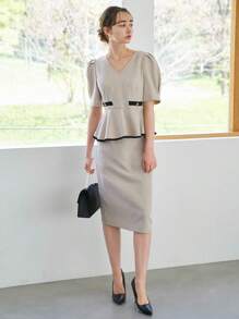 DAZY Contrast Binding Puff Sleeve Peplum Top & Skirt - Apricot - View 9