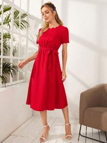 SHEIN Clasi Vestido con cinturón ribete en abanico - Rojo - Ver 1