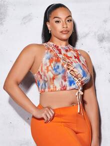 SHEIN BAE Hơn Nhuộm buộc Lace lên phía trước Crop Tank Top - Nhiều màu - Xem 6