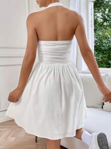 SHEIN MOD Solid Ruched Halter Neck Backless Dress - White - View 2