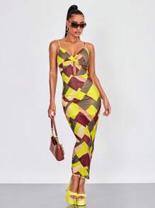 SHEIN BAE Allover Print Twist Front Cami Bodycon Dress - Multicolor - View 1