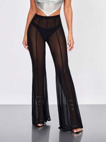 SHEIN BAE High Waist Mesh Flare Leg Pants Without Panty - Black - View 4