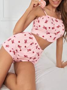 Conjunto de pijama shorts con top de tirantes con estampado de dibujos animados pecho con fruncido - Rosa Pálido - Ver 3