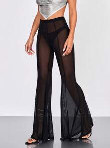 SHEIN BAE High Waist Mesh Flare Leg Pants Without Panty - Black - View 5