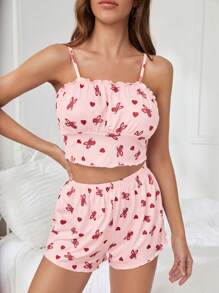 Conjunto de pijama shorts con top de tirantes con estampado de dibujos animados pecho con fruncido - Rosa Pálido - Ver 1
