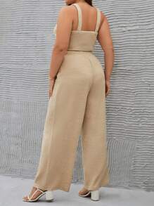 SHEIN Essnce Plus Solid Crop Cami Top & Wide Leg Pants - Khaki - View 5