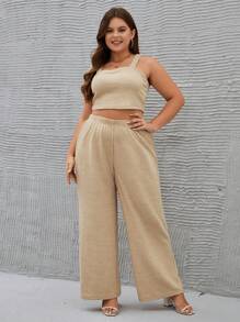 SHEIN Essnce Plus Solid Crop Cami Top & Wide Leg Pants - Khaki - View 6