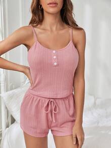 Button Front Cami Top & Tie Waist Shorts Lounge Set - Baby Pink - View 3