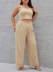 SHEIN Essnce Plus Solid Crop Cami Top & Wide Leg Pants - Khaki - View 7