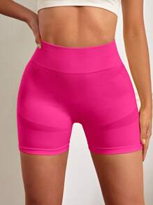 SHEIN Yoga Basic 寬腰帶運動短褲 - 玫紅色 - 查看 3