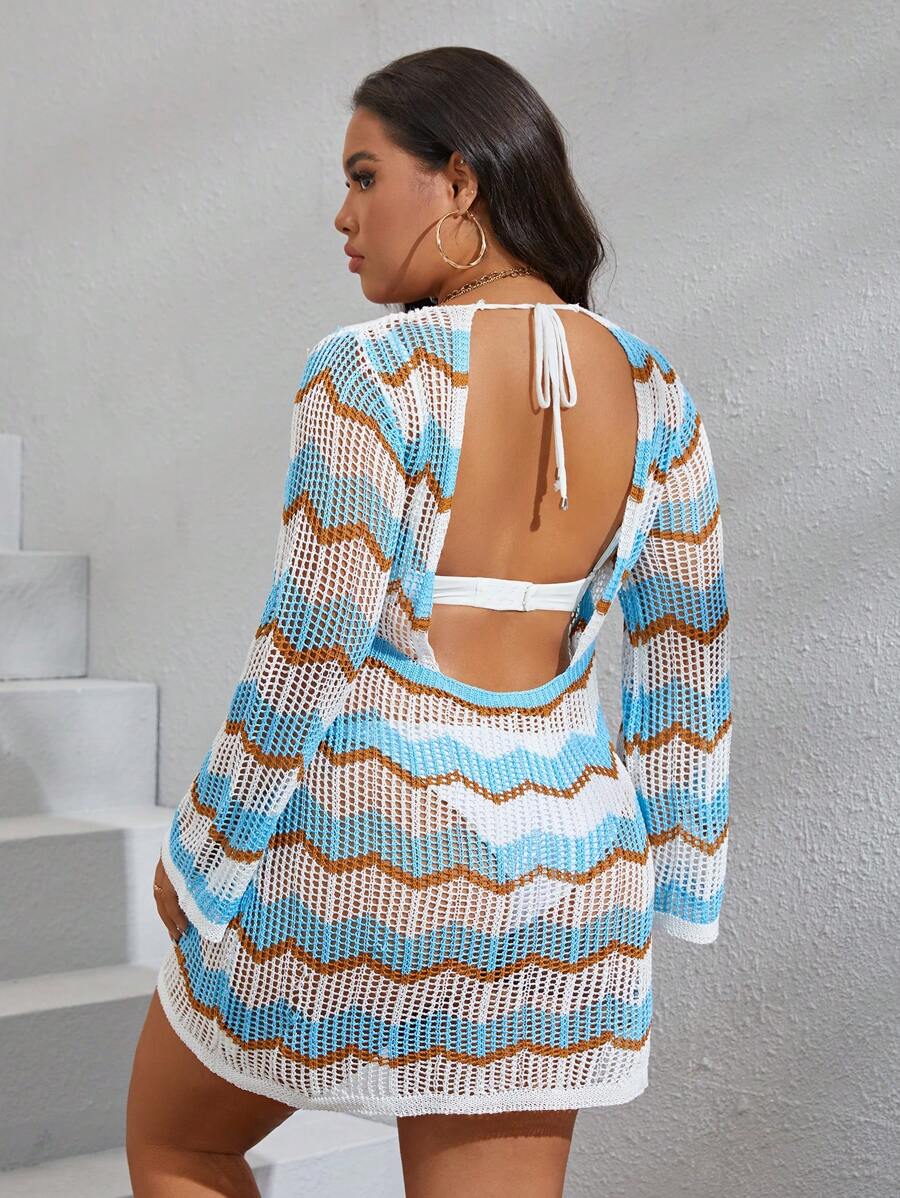 Swim Vcay Summer Beach Plus Chevron Pattern Tie Backless Open Knit Cover Up Without Bikini - Multicolor - View 1