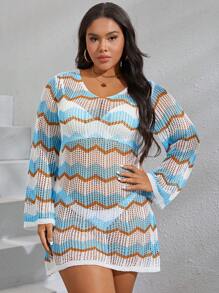 Swim Vcay Summer Beach Plus Chevron Pattern Tie Backless Open Knit Cover Up Without Bikini - Multicolor - View 3