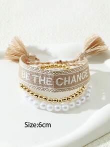 3 cái/bộ Vòng tay trang trí tua rua thêu chữ cái - Màu be - Xem 3