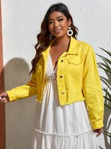 SHEIN EZwear Plus Flap Pocket Raw Hem Denim Jacket - Yellow - View 1