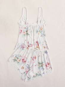 Floral Print Lace Trim Cami Top & Shorts PJ Set - Apricot - View 2