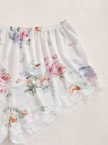 Floral Print Lace Trim Cami Top & Shorts PJ Set - Apricot - View 4