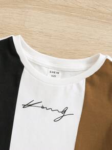 SHEIN Leap Crew 男嬰字母圖案撞色T恤和短褲 - 黑色 - 查看 4