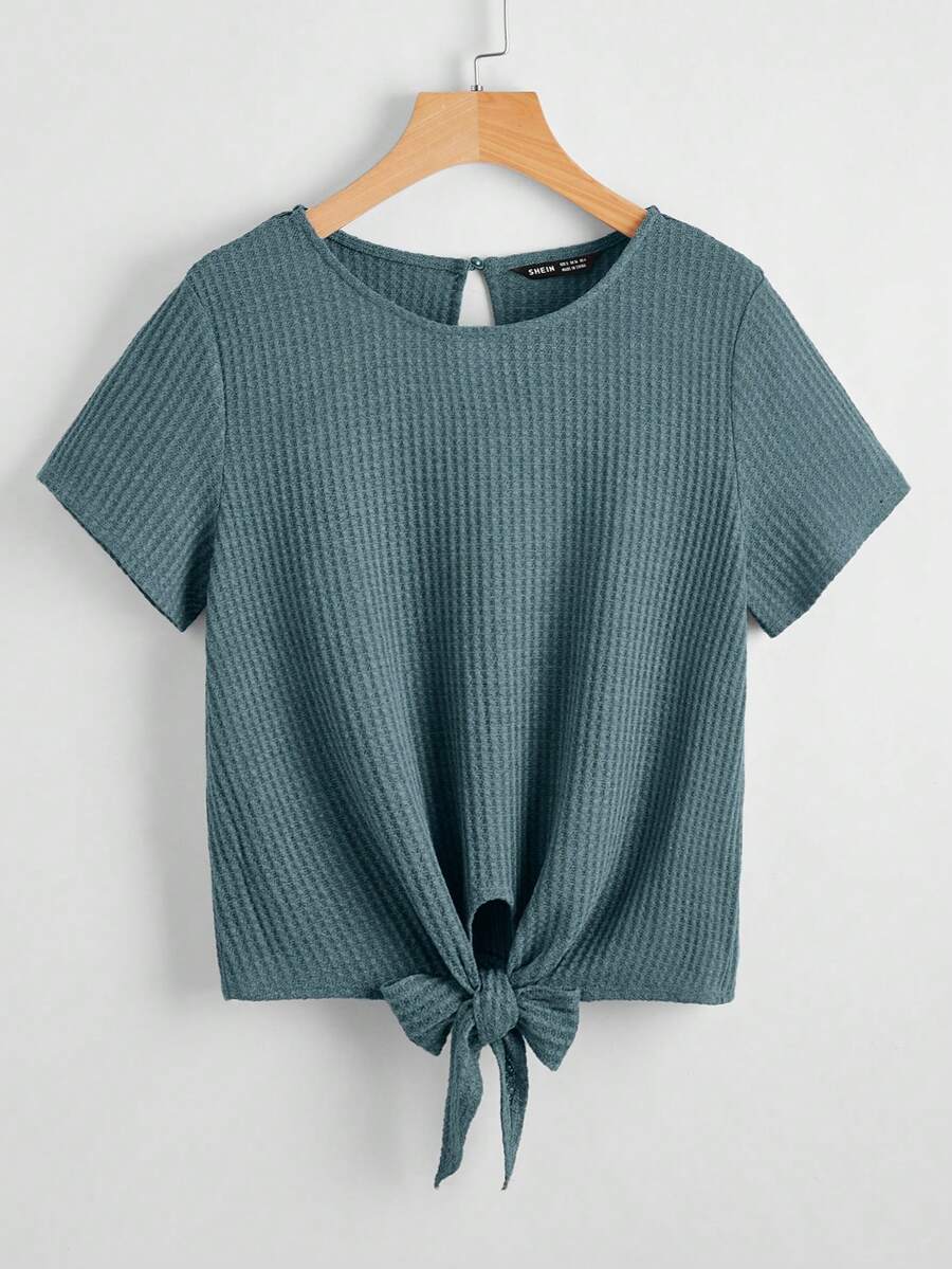 SHEIN LUNE Áo thun nữ Nút Thắt nút màu trơn Giải trí - Màu xanh ngọc - Xem 1