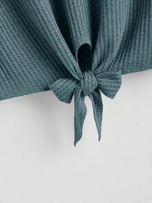 SHEIN LUNE Áo thun nữ Nút Thắt nút màu trơn Giải trí - Màu xanh ngọc - Xem 3